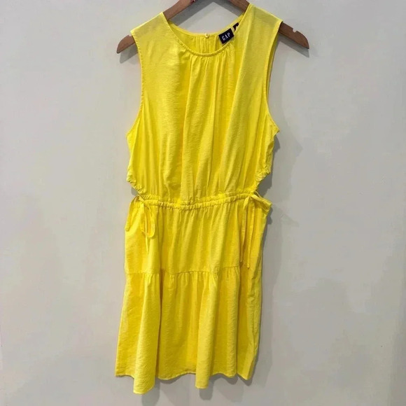 Gap Side Tie Cut Out Mini Dress Crew Neck Large Lemon Yellow - Picture 5 of 8